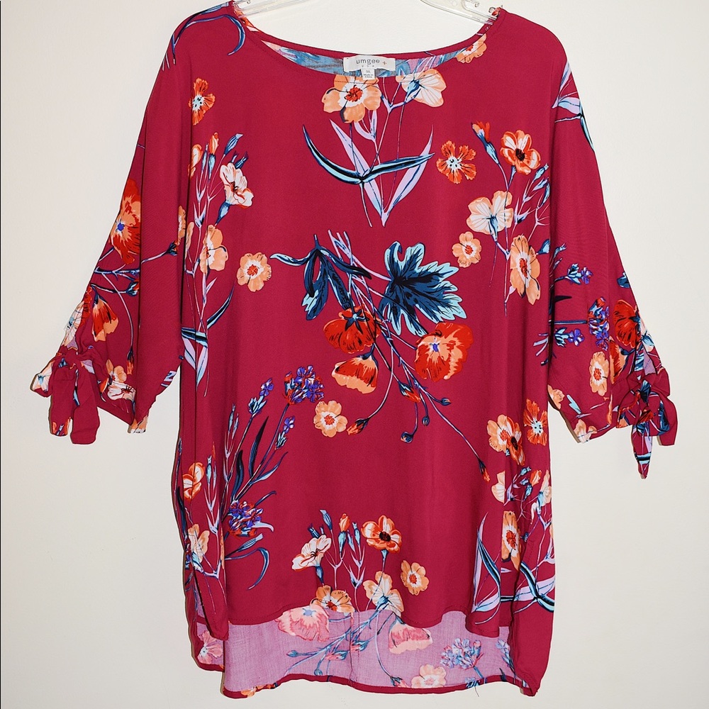 Umgee Pink and Red 3/4 Sleeve Tie Front Blouse - Picture 1 of 8